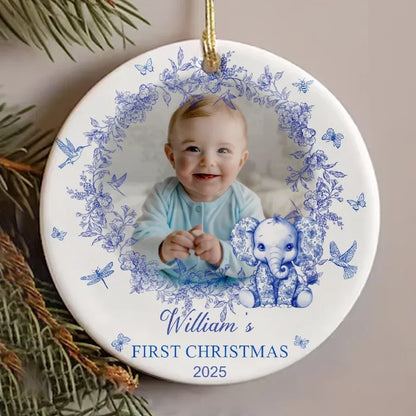 Baby’s First Christmas Ceramic Photo Ornament with Blue Floral Wreath