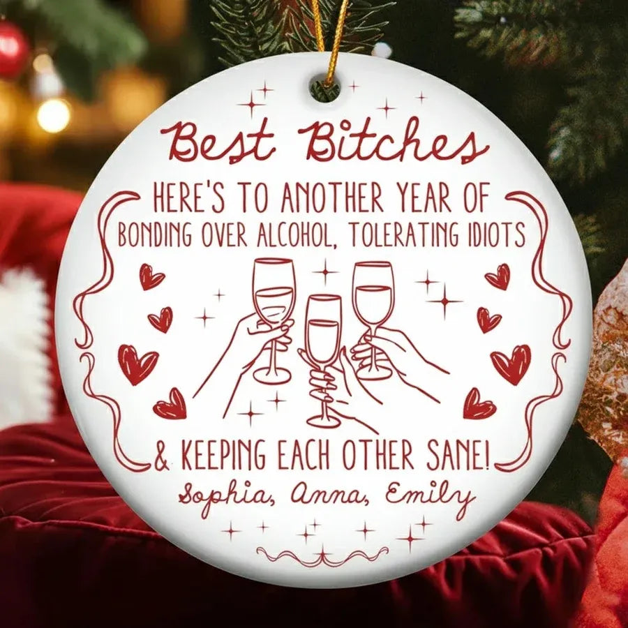 Best Friends Cheers Red Line Art Ceramic, Acrylic or Wooden Ornament