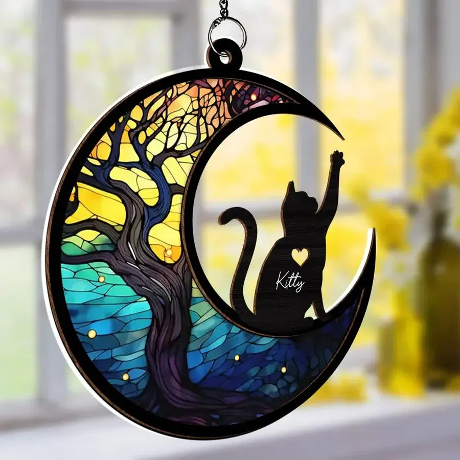 Personalized Cat and Crescent Moon Layered Wood and Acrylic Ornament