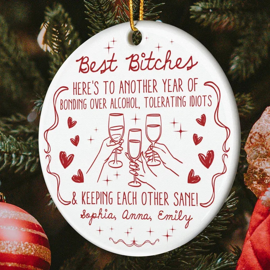 Best Friends Cheers Red Line Art Ceramic, Acrylic or Wooden Ornament