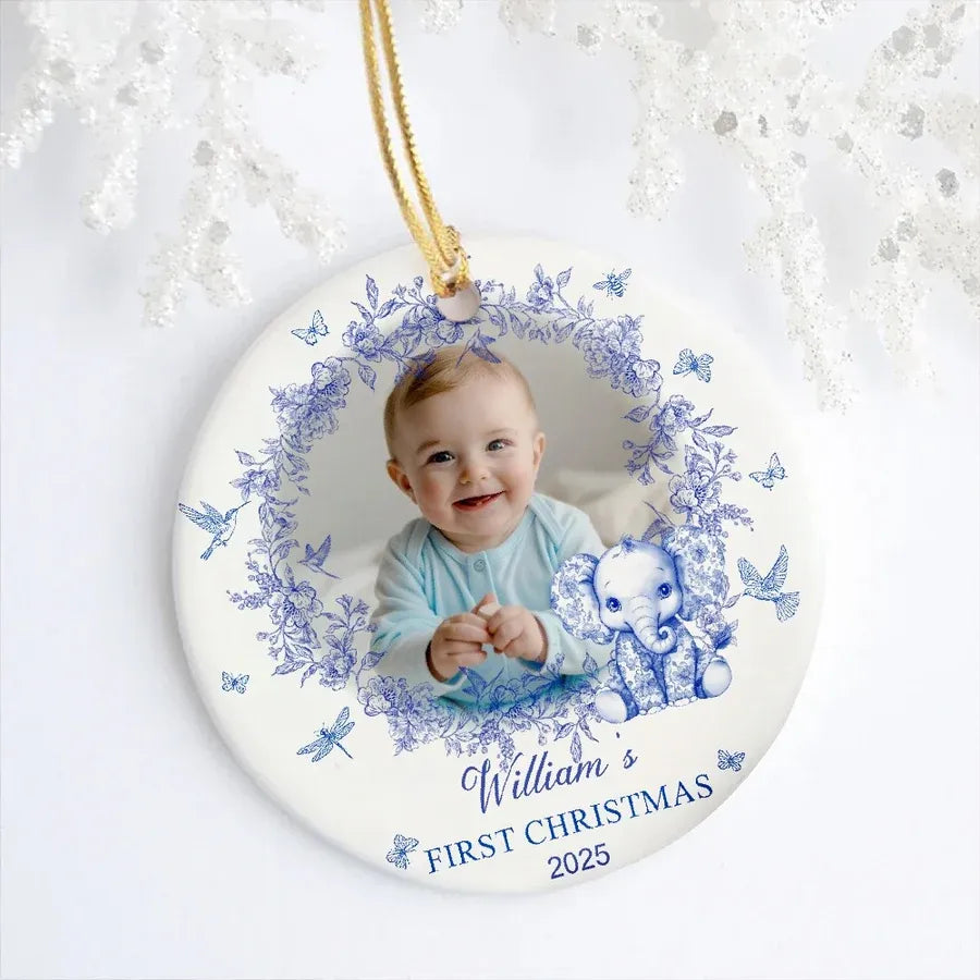 Baby’s First Christmas Ceramic Photo Ornament with Blue Floral Wreath