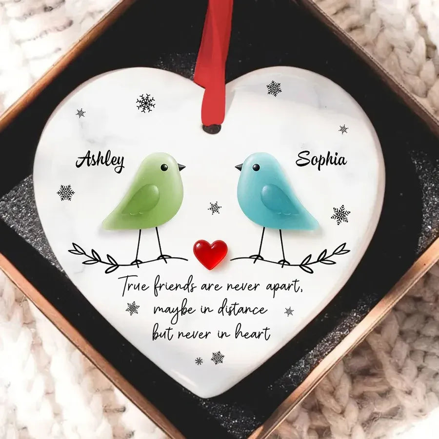 Ceramic Heart Ornament with Colorful Birds and Friendship Quote