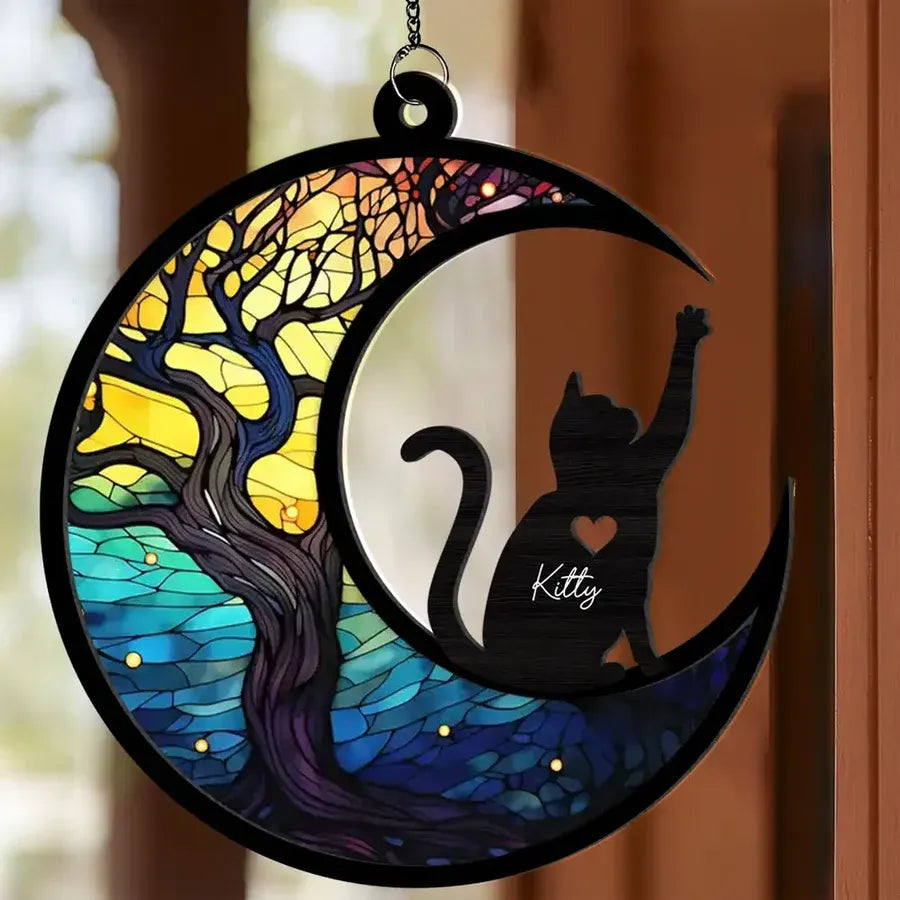Personalized Cat and Crescent Moon Layered Wood and Acrylic Ornament