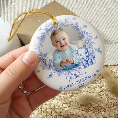 Baby’s First Christmas Ceramic Photo Ornament with Blue Floral Wreath