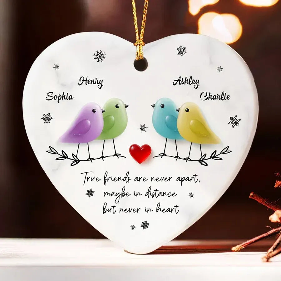 Ceramic Heart Ornament with Colorful Birds and Friendship Quote