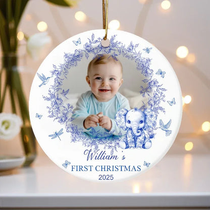 Baby’s First Christmas Ceramic Photo Ornament with Blue Floral Wreath