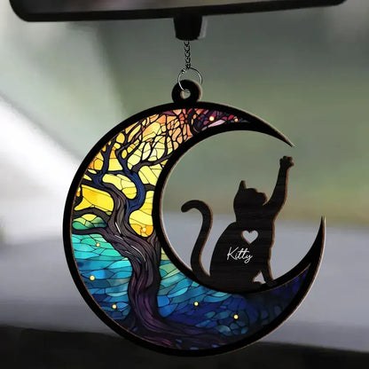 Personalized Cat and Crescent Moon Layered Wood and Acrylic Ornament