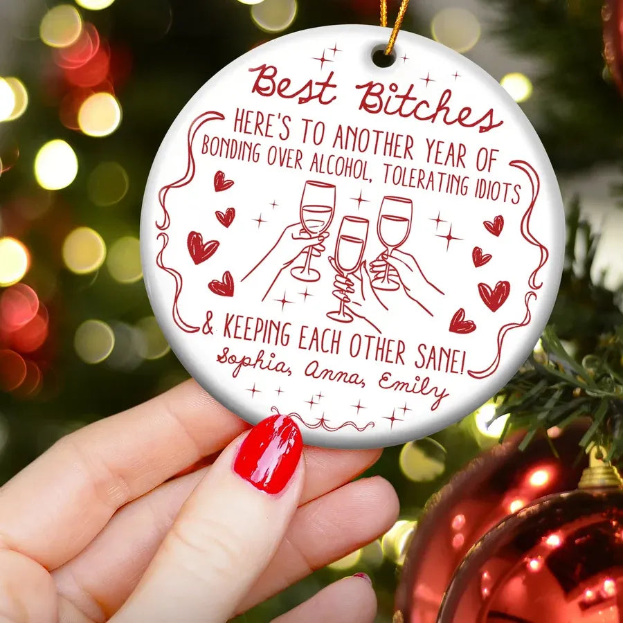 Best Friends Cheers Red Line Art Ceramic, Acrylic or Wooden Ornament