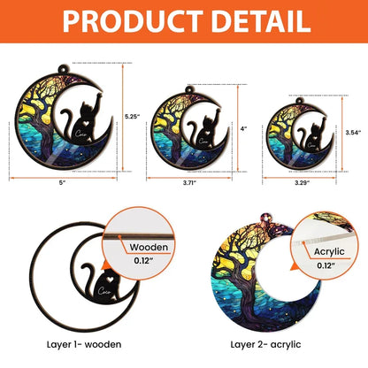 Personalized Cat and Crescent Moon Layered Wood and Acrylic Ornament