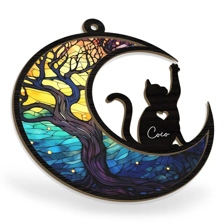 Personalized Cat and Crescent Moon Layered Wood and Acrylic Ornament